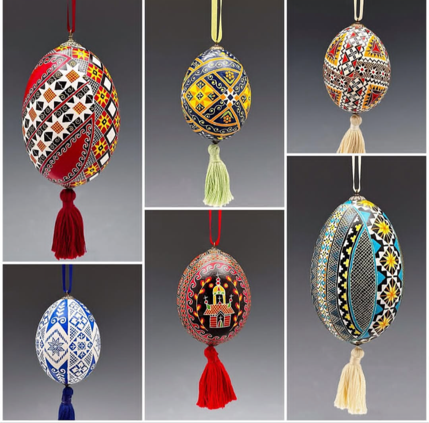 A photo gallery of finely decorated pysanky ready beautifully presented as hanging ornaments